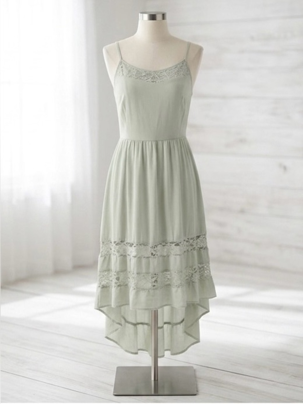 Shabby Chic Boho Bohemian Dress | Sage Green Lace Trim Ruffle XS
